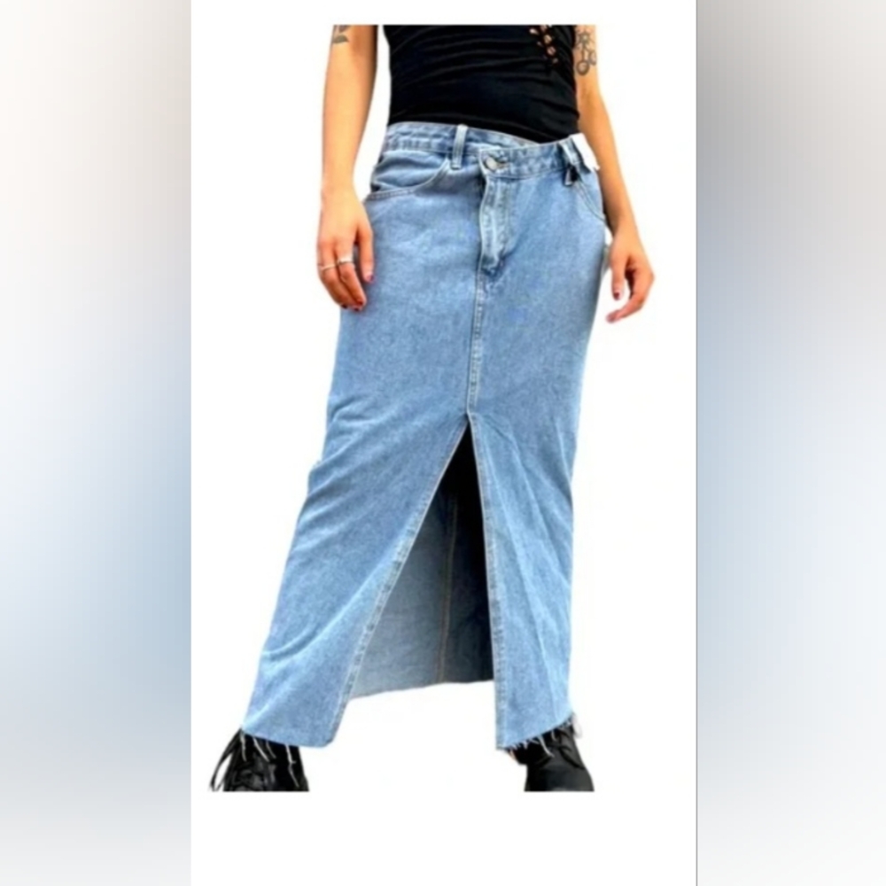 Happily Grey Asymmetrical Style Medium Blue Wash Frayed Hem Denim Maxi Skirt